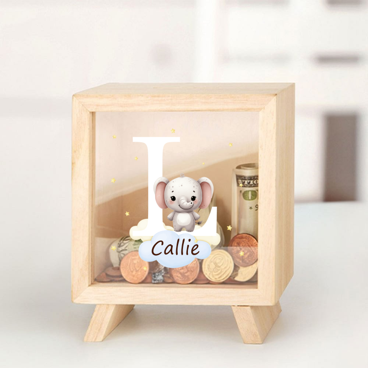 Tirelire en Bois à Fenêtre Transparente Personnalisée avec Initiale et Nom Design d'Animal Décoration sur Table Cadeau Anniversaire pour Enfant