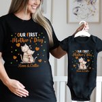 Personalized Cute Bear Cat Deer Animal Design 100% Cotton T-shirt Baby Bodysuit with Name Our First Mother's Day Birthday Gift for Baby Mom
