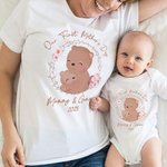 Personalized Cute Animal Wreath 100% Cotton Baby Bodysuit Matching T-shirt with Names and Date First Mother's Day Gift for Newborn New Mom
