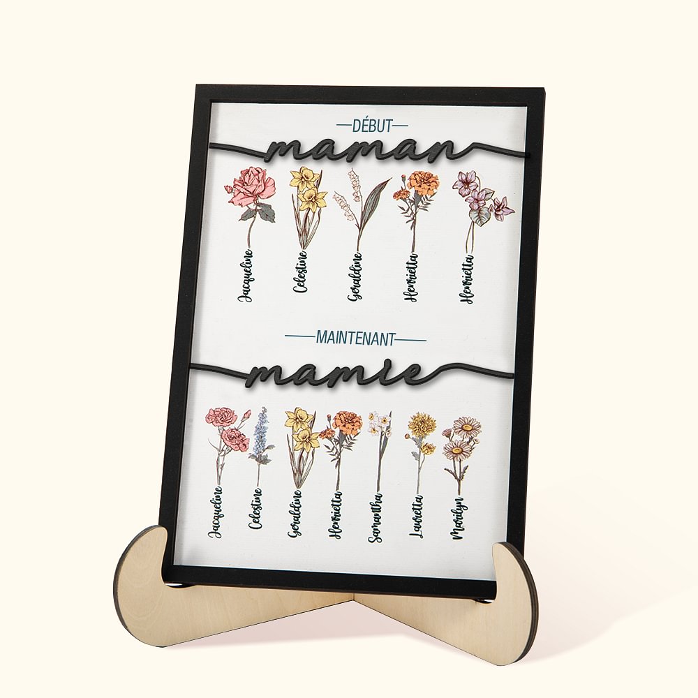 Plaque Décorative en Bois Personnalisée avec Noms Fleurs de Naissance Thème Jardin de Grand-Mère Décoration de Maison Cadeau Fête des Mères pour Maman
