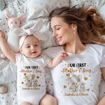 Personalized Cute Bear Cat Deer Animal Design 100% Cotton T-shirt Baby Bodysuit with Name Our First Mother's Day Birthday Gift for Baby Mom