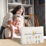 Personalized Classic Winnie the Pooh Honey Balloon Canvas Tote Bag with 1-12 Names and Leather Handle Mother's Day Birthday Gift for Mom Grandma