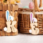 Personalized Bunny Ears and Tail Cute Initial Wooden Easter Basket Tag with Name Birthday Easter Party Children's Day Gift for Kids