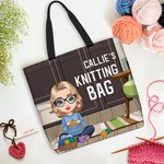 Personalisierte Vintage Cartoon Character Large Zippered Tote Bag mit Namen Muttertag Geburtstag Geschenk für Mama Oma Stricken Liebhaber