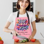 Personalized Faux Glitter Floral Best Mom Ever Waterproof Apron with 1-6 Names and Pockets Mother's Day Cooking Essential Gift for Mom Grandma