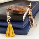 Personalized Brown Leather Graduation Cap Keychain with Initial and Tassel Graduation Keepsake Gift for Class of 2025 Graduates