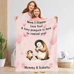 Personalized Cute Heart Penguin Mom and Kid Soft Throw Blanket with Name Birthday Mother's Day Anniversary Gift for Mom Grandma