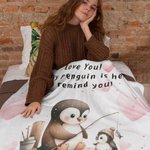 Personalized Cute Heart Penguin Mom and Kid Soft Throw Blanket with Name Birthday Mother's Day Anniversary Gift for Mom Grandma