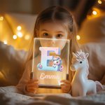 Luz de Noche LED Acrílica Personalizada Unicornio Fantasía con Nombre y Base de Madera Decoración de Guardería Regalo de Cumpleaños para Niños