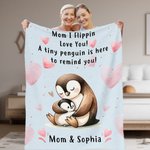 Personalized Cute Heart Penguin Mom and Kid Soft Throw Blanket with Name Birthday Mother's Day Anniversary Gift for Mom Grandma