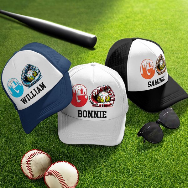Personalized Baseball Softball Ice Cream Dripping Trucker Hat with Name and Adjustable Snapback Sport Travel Accessories Birthday Gift for Women Girls