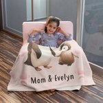Personalized Cute Heart Penguin Mom and Kid Soft Throw Blanket with Name Birthday Mother's Day Anniversary Gift for Mom Grandma