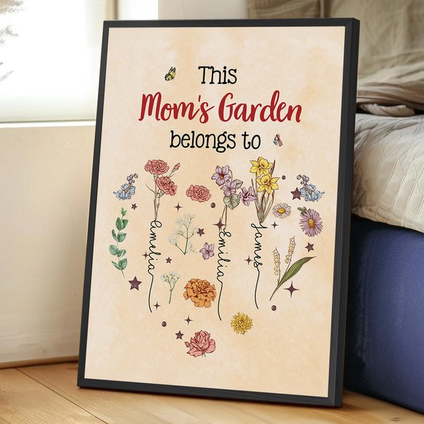 Personalized Heart Birth Flower Garden Family Poster Frameless Framed Painting with 1-12 Names Home Decor Birthday Mother's Day Gift for Mom Grandma