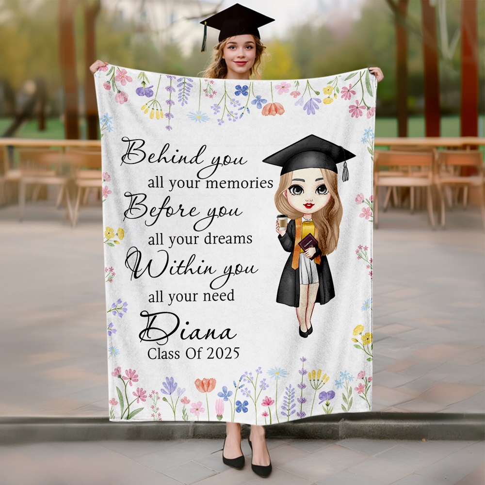 Personnalisé Floral Cartoon Graduation Girl Soft Throw Blanket with Name and Year Class of 2025 Home Decor Graduation Birthday Gift for Graduates