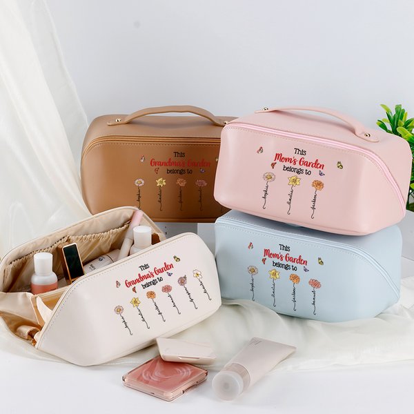 Personalized Birth Flower Garden Waterproof Leather Makeup Bag with Names Portable Travel Essential Birthday Mother's Day Gift for Her