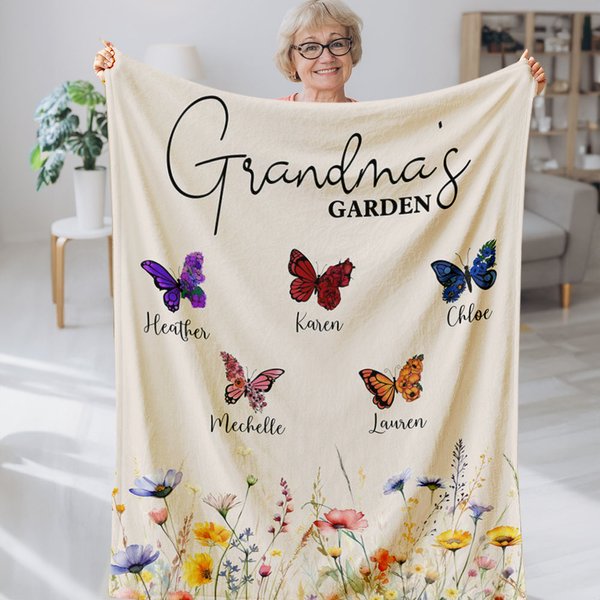 Personalized Grandma's Garden Birth Butterfly Soft Throw Blanket with Title and 1-10 Names Mother's Day Birthday Gift for Mom Grandma