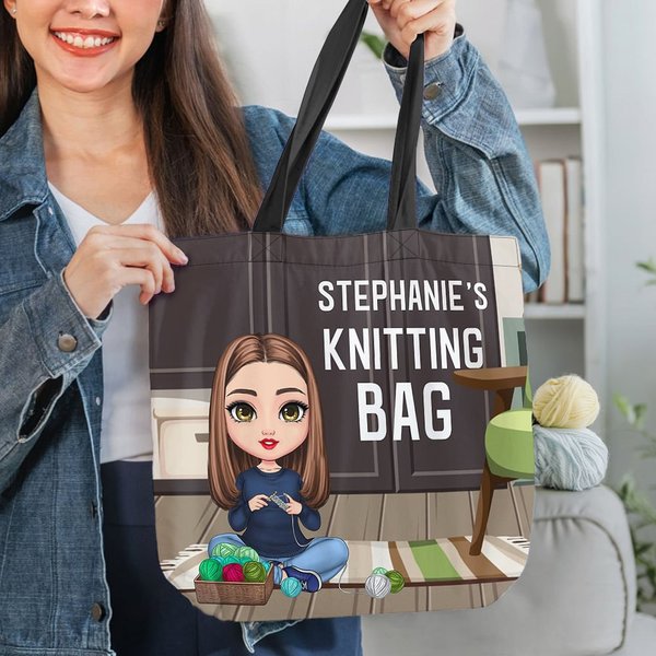 Personlig Vintage Cartoon Character Stor Tote Bag med dragkedja med namn Mors dag Födelsedagspresent till mamma mormor stickälskare
