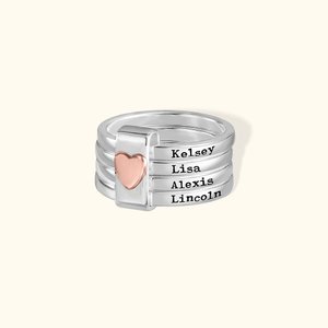 Personalised Sterling Silver Heart Women Stacking Rings with Engraved 2-5 Names Family Jewelry Mother's Day Birthday Gift for Mom Grandma
