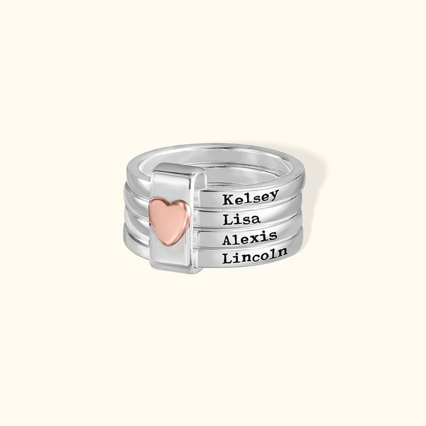 Sterling Silver Engraved Names Stacking Rings with Heart