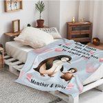 Personalized Cute Heart Penguin Mom and Kid Soft Throw Blanket with Name Birthday Mother's Day Anniversary Gift for Mom Grandma