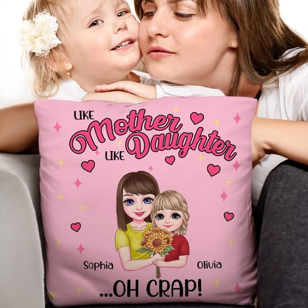 Personalized Cartoon Mom and Child Holding Bouquet Soft Throw Pillow Cover with Name and Title Mother's Day Birthday Warm Home Decor Gift for Mom