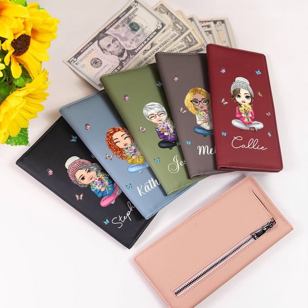 Personalisierte niedlichen Cartoon-Charakter Geburt Blumenstrauß lange Brieftasche mit Namen Muttertag Geburtstag Braut Dusche Geschenk für Mama Frauen