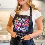 Personalized Faux Glitter Floral Best Mom Ever Waterproof Apron with 1-6 Names and Pockets Mother's Day Cooking Essential Gift for Mom Grandma