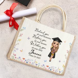 Personalizzato Cartoon Graduate Floral Riutilizzabile Tote Bag con nome e anno Regalo di celebrazione della laurea per le donne laureate