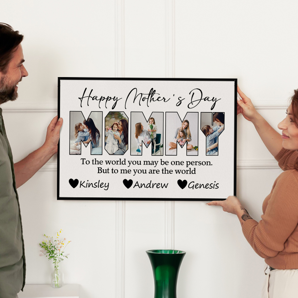 Photo Personnalisée Titre Collage Poster en Toile Encadré Peinture sans Cadre avec 1-10 Noms d'Enfants Fête des Mères Décoration Maison Cadeau pour Maman Grand-mère