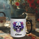 Personalized Gothic Mexican Sugar Skull Calavera 11oz Ceramic Mug with Birth Flower and Name Day of the Dead Birthday Gift for Gothic Skull Lovers