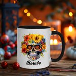 Personalized Gothic Mexican Sugar Skull Calavera 11oz Ceramic Mug with Birth Flower and Name Day of the Dead Birthday Gift for Gothic Skull Lovers