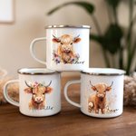 Personalisierte Floral Hochland Kuh 11oz Emaille Becher mit Namen Geburtstag Geschenk für Hochland Kuh Liebhaber