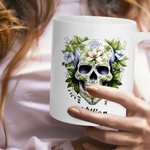 Personalized Gothic Mexican Sugar Skull Calavera 11oz Ceramic Mug with Birth Flower and Name Day of the Dead Birthday Gift for Gothic Skull Lovers
