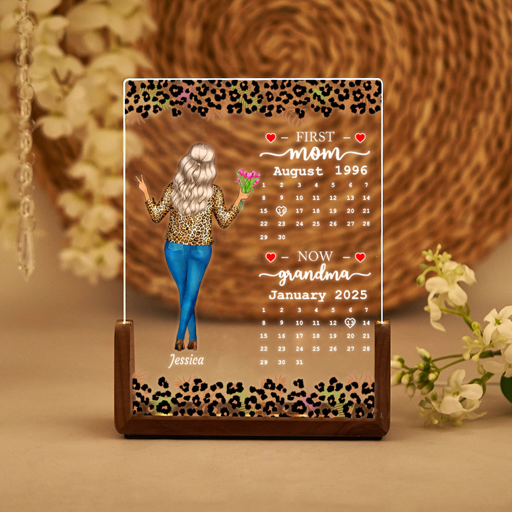 Veilleuse LED personnalisée Mère et Fille vue de dos avec base en bois Décoration de bureau pour la maison Cadeau d'anniversaire de la fête des mères pour Maman Grand-mère