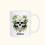 Personalized Gothic Mexican Sugar Skull Calavera 11oz Ceramic Mug with Birth Flower and Name Day of the Dead Birthday Gift for Gothic Skull Lovers