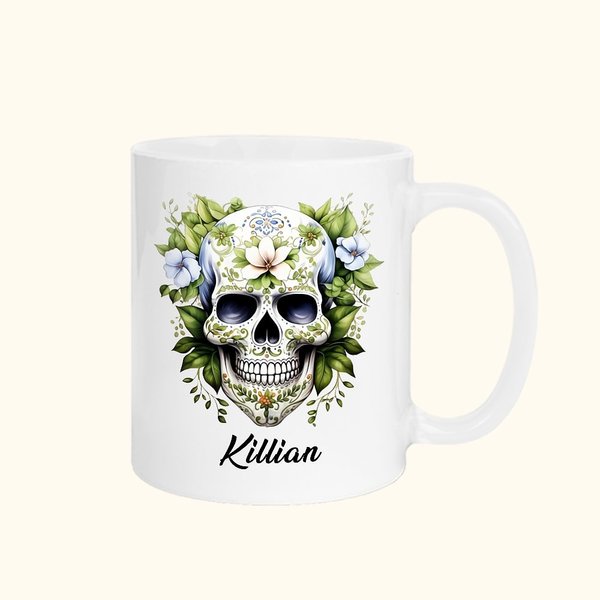Tazza personalizzata gotica messicana con teschio di zucchero Calavera da 11 oz in ceramica con fiore di nascita e nome Regalo di compleanno del giorno dei morti per gli amanti dei teschi gotici