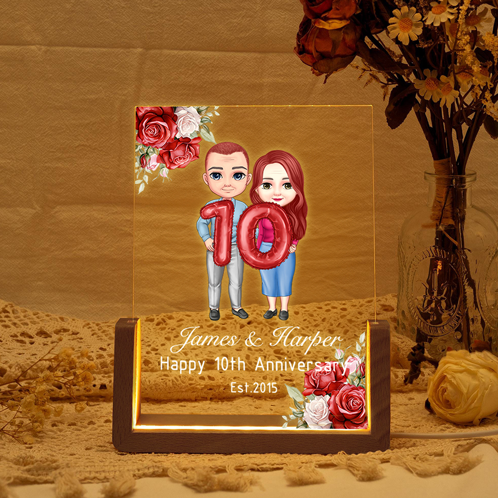Veilleuse LED personnalisée en forme de couple avec noms et base en bois Décoration d'intérieur Cadeau d'anniversaire et de Saint-Valentin pour couple