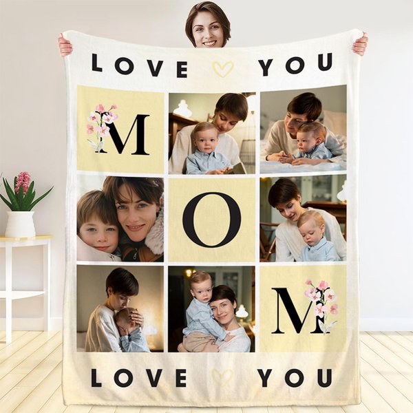 Personalized Love You Mom 6 Photo Collage Soft Throw Blanket with Name Home Decor Mother's Day Gift for Mom Grandma