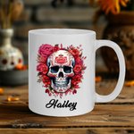 Personalized Gothic Mexican Sugar Skull Calavera 11oz Ceramic Mug with Birth Flower and Name Day of the Dead Birthday Gift for Gothic Skull Lovers