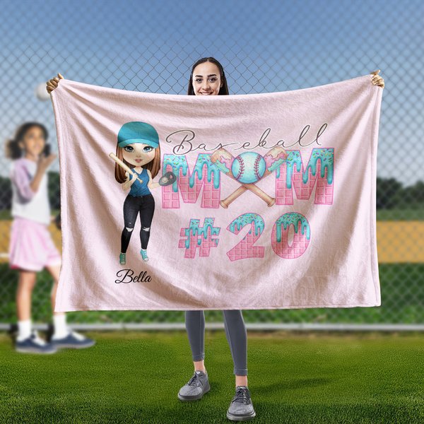 Personalised Baseball Mom Ice Cream Dripping Design Soft Throw Blanket with Name and Number Birthday Mother's Day Gift for Mom Baseball Enthusiast