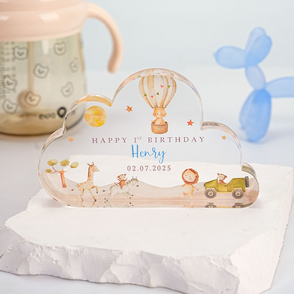 Plaque acrylique personnalisée avec nom et date Girafe Zèbre Animaux Nuage Décoration de la chambre d'enfant Cadeau de naissance pour les enfants
