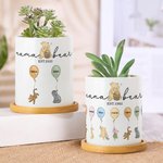 Personalized Classic Winnie the Pooh Balloon Ceramic Succulent Planter Pot with Names and Bamboo Base Mother's Day Birthday Gift for Mom Grandma