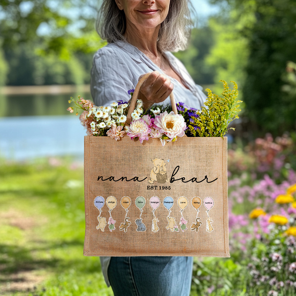 Discover Personalized Classic Winnie the Pooh Honey Balloon Large Jute Tote Bag with 1-12 Names Mother's Day Birthday Gift for Mom Grandma