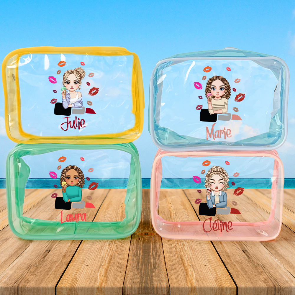 Trousse de Maquillage Imperméable Personnalisée avec Fille Dessin Animé Rouge à Lèvres et Nom Cadeau Anniversaire pour Femme Fille