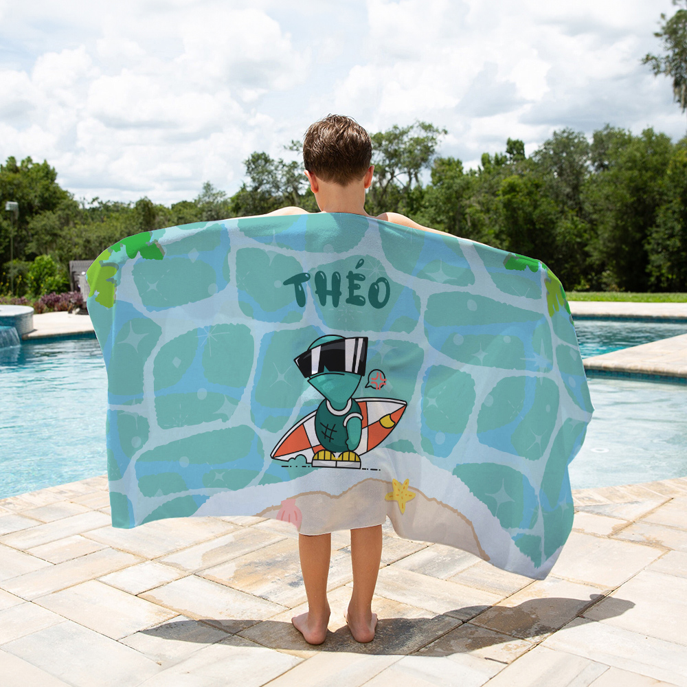 Serviette de Plage Personnalisée avec Nom et Motif d'Animal Marin Accessoire Séchage Rapide Cadeau Anniversaire Vacances pour Enfant Famille