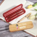 Personalized Cartoon Subject Teacher Wooden Ballpoint Pen and Case Set with Name Birthday Appreciation Back to School Gift for Teacher Colleague