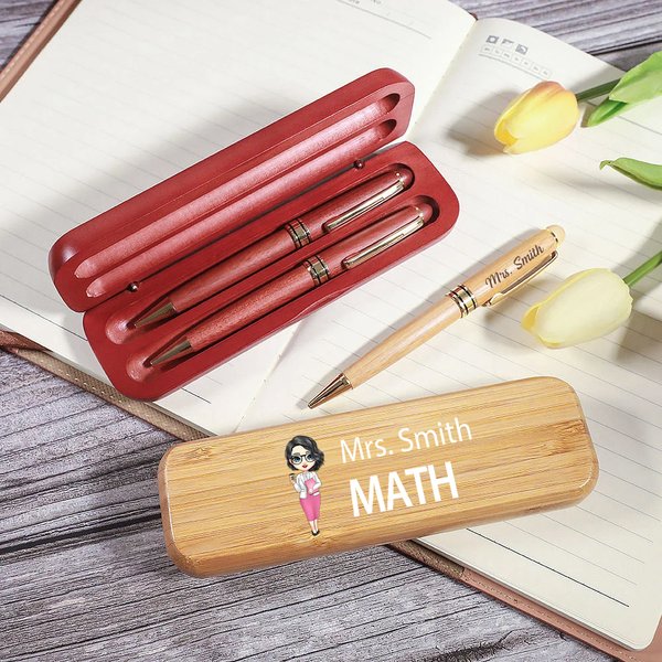 Personalized Cartoon Subject Teacher Wooden Ballpoint Pen and Case Set with Name Birthday Appreciation Back to School Gift for Teacher Colleague