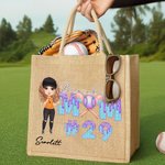 Personalized Baseball Mom Ice Cream Dripping Large Jute Tote Bag with Name and Number Mother's Day Birthday Gift for Baseball Mom Player Lover