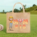 Personalized Baseball Mom Ice Cream Dripping Large Jute Tote Bag with Name and Number Mother's Day Birthday Gift for Baseball Mom Player Lover
