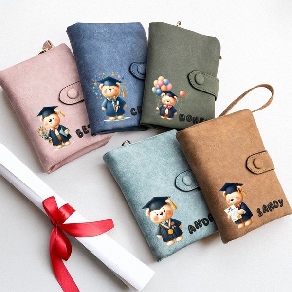 Personalized Graduation Bear 3D Bubble Name PU Leather Wallet with Card Slots and Wrist Strap Birthday Graduation Gift for Class of 2025 Graduates